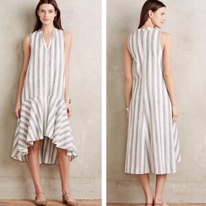 Maeve Anthropologie Shirt Dress‎ XS Gray White Linen Blend Hi Low